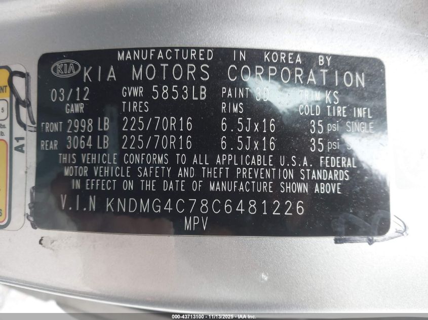 2012 Kia Sedona Lx VIN: KNDMG4C78C6481226 Lot: 43713100