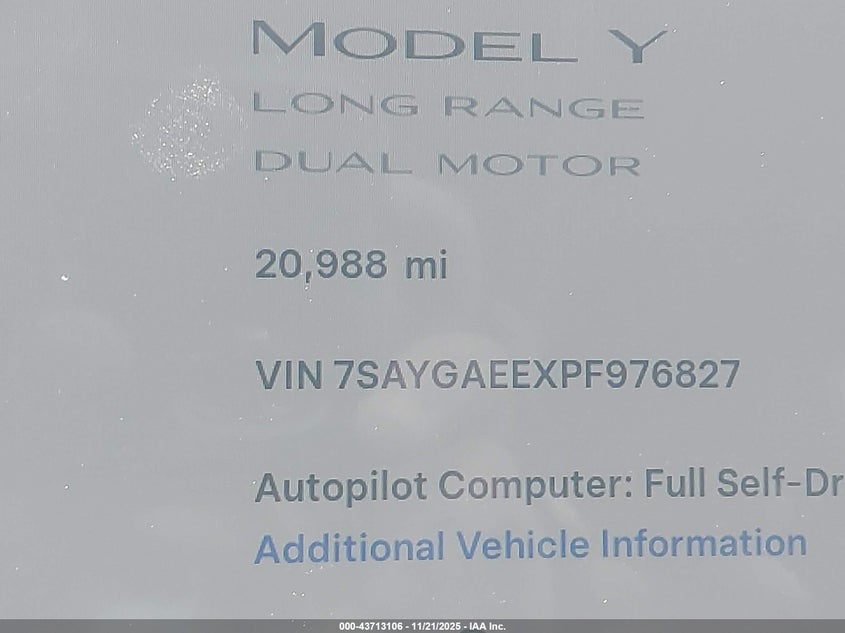 2023 Tesla Model Y Awd/Long Range Dual Motor All-Wheel Drive VIN: 7SAYGAEEXPF976827 Lot: 43713106
