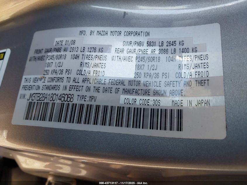 2008 Mazda Cx-9 Sport VIN: JM3TB28A180146068 Lot: 43713117