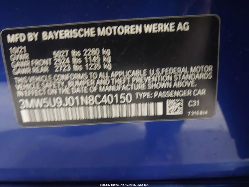 2022 BMW 3 Series M340I xDrive VIN: 3MW5U9J01N8C40150 Lot: 43713124