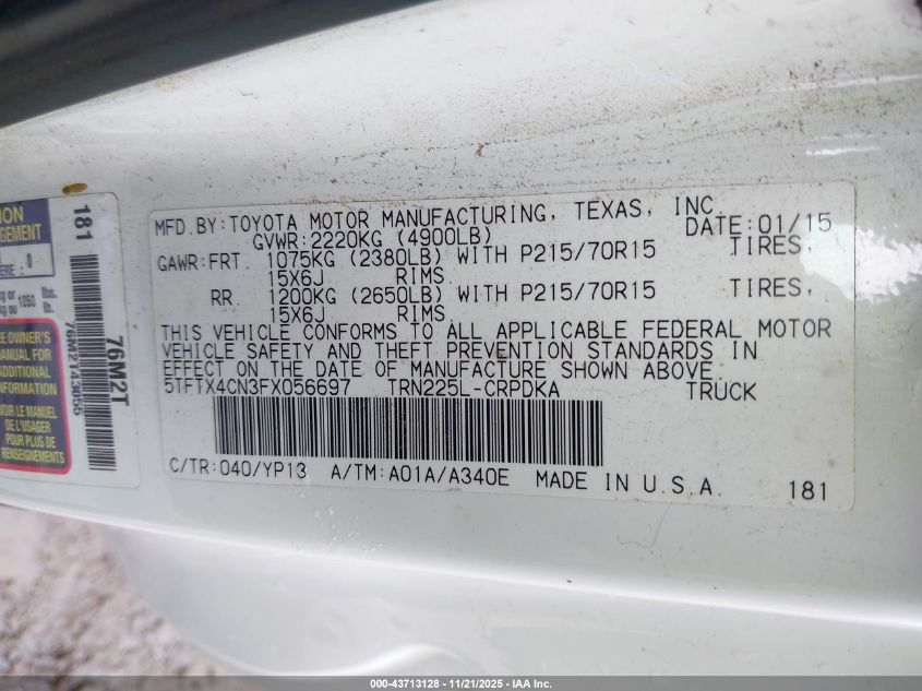 2015 Toyota Tacoma VIN: 5TFTX4CN3FX056697 Lot: 43713128