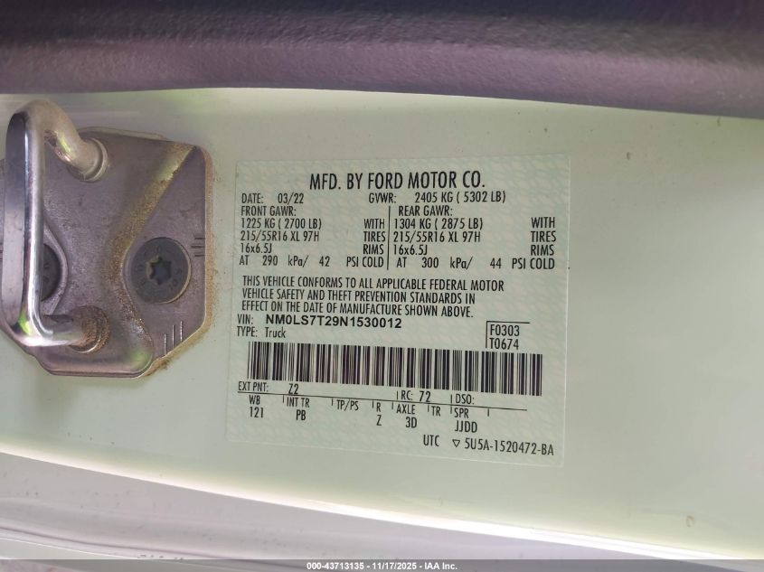 2022 Ford Transit Connect Xlt VIN: NM0LS7T29N1530012 Lot: 43713135