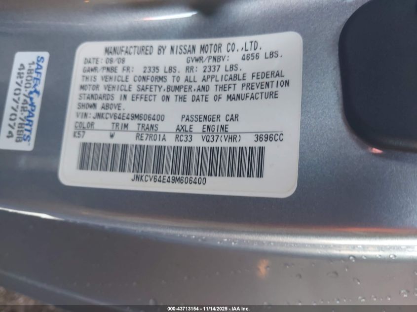 2009 Infiniti G37 Journey VIN: JNKCV64E49M606400 Lot: 43713154