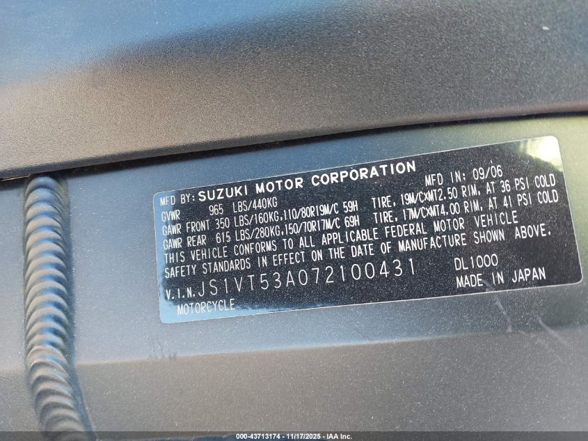 2007 Suzuki Dl1000 VIN: JS1VT53A072100431 Lot: 43713174