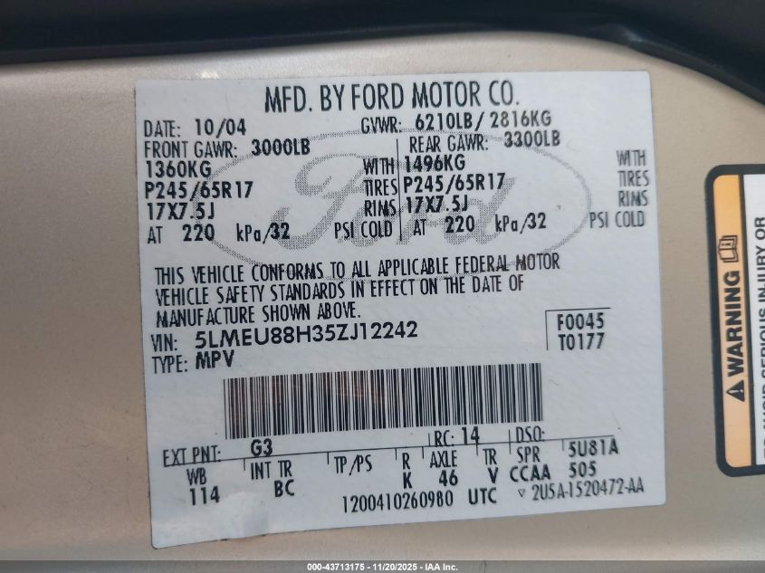 2005 Lincoln Aviator VIN: 5LMEU88H35ZJ12242 Lot: 43713175