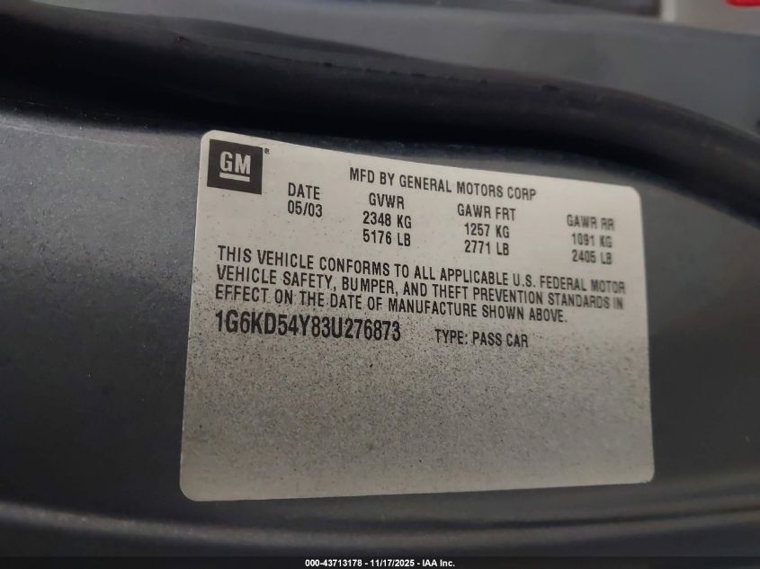 2003 Cadillac Deville Standard VIN: 1G6KD54Y83U276873 Lot: 43713178