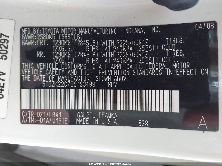 2008 Toyota Sienna Xle VIN: 5TDZK22C78S193499 Lot: 43713181