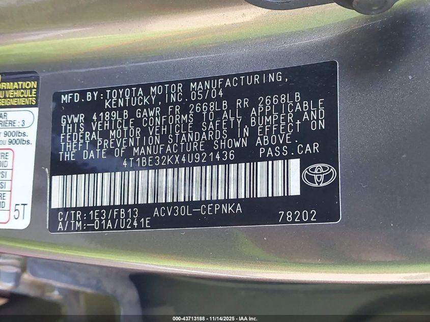 2004 Toyota Camry Std VIN: 4T1BE32KX4U921436 Lot: 43713188