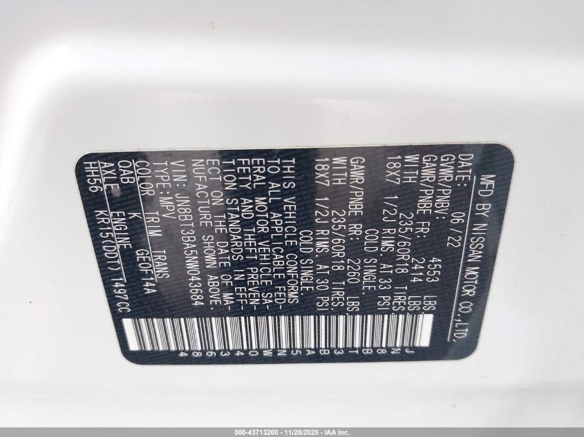 2022 Nissan Rogue Sv Fwd VIN: JN8BT3BA5NW043684 Lot: 43713200