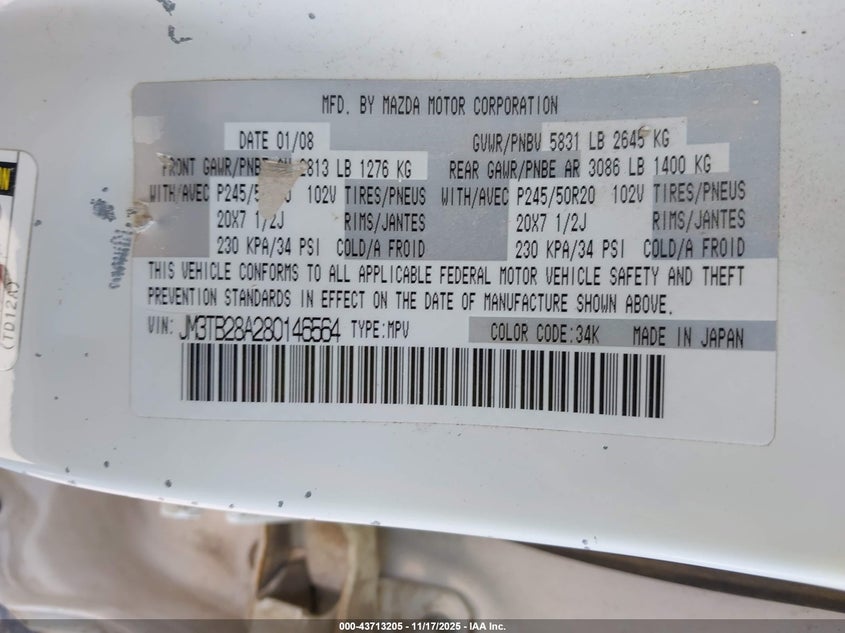 2008 Mazda Cx-9 Grand Touring VIN: JM3TB28A280146564 Lot: 43713205