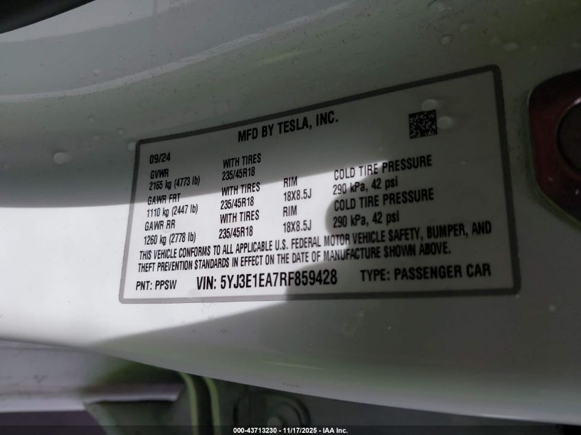 2024 Tesla Model 3 Long Range Dual Motor All-Wheel Drive/Rear-Wheel Drive VIN: 5YJ3E1EA7RF859428 Lot: 43713230