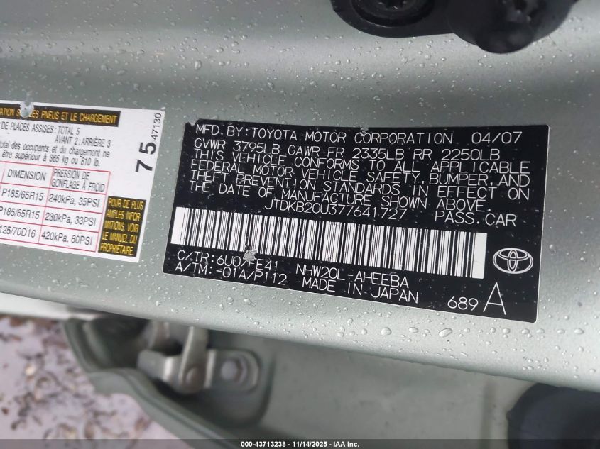 2007 Toyota Prius VIN: JTDKB20U377641727 Lot: 43713238