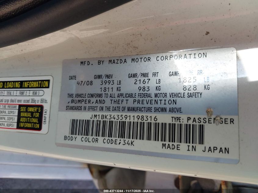 2009 Mazda Mazda3 S Touring VIN: JM1BK343591198316 Lot: 43713244