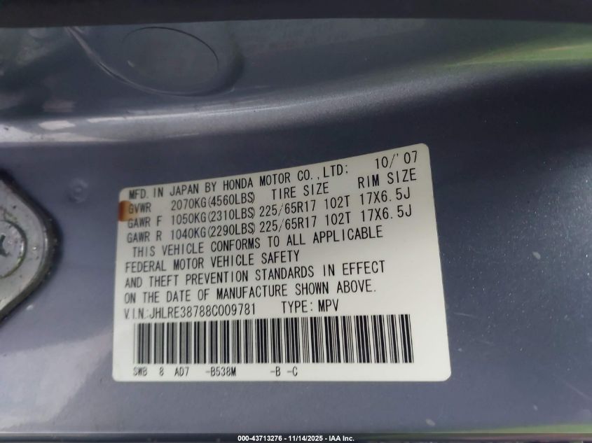 2008 Honda Cr-V Ex-L VIN: JHLRE38788C009781 Lot: 43713276