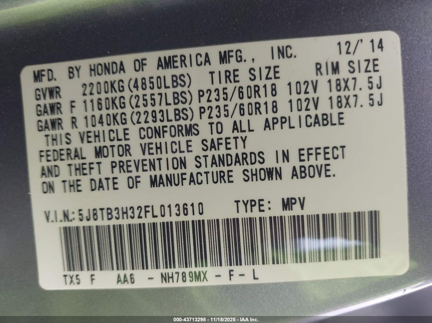 2015 Acura Rdx VIN: 5J8TB3H32FL013610 Lot: 43713298