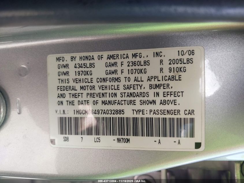 2007 Honda Accord 3.0 Se VIN: 1HGCM66497A032885 Lot: 43713304