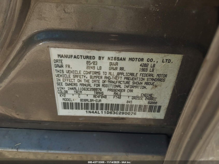 2003 Nissan Altima 2.5 S VIN: 1N4AL11D63C290076 Lot: 43713305