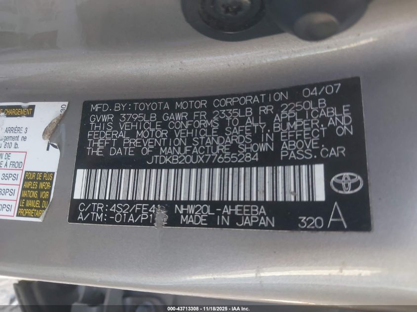 2007 Toyota Prius VIN: JTDKB20UX77655284 Lot: 43713308