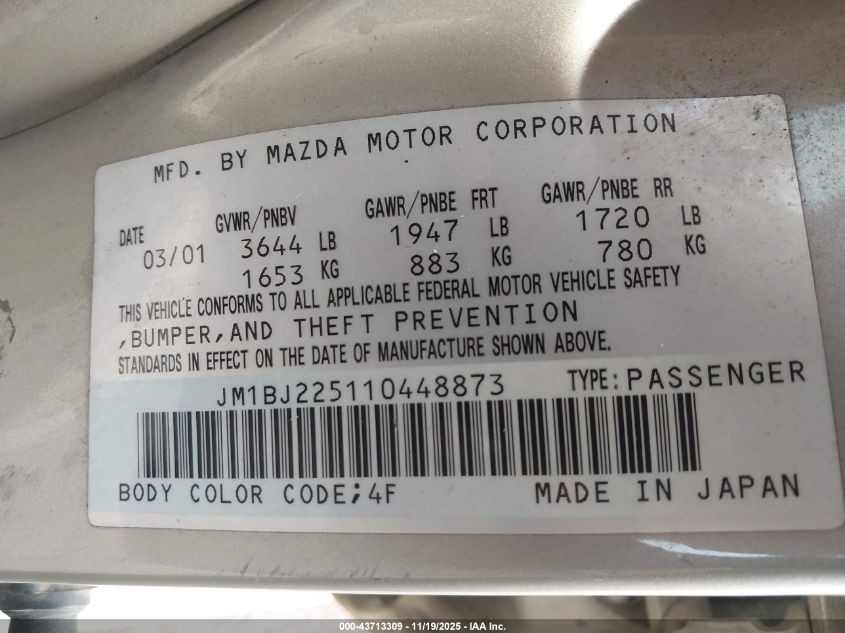 2001 Mazda Protege Es/Lx VIN: JM1BJ225110448873 Lot: 43713309