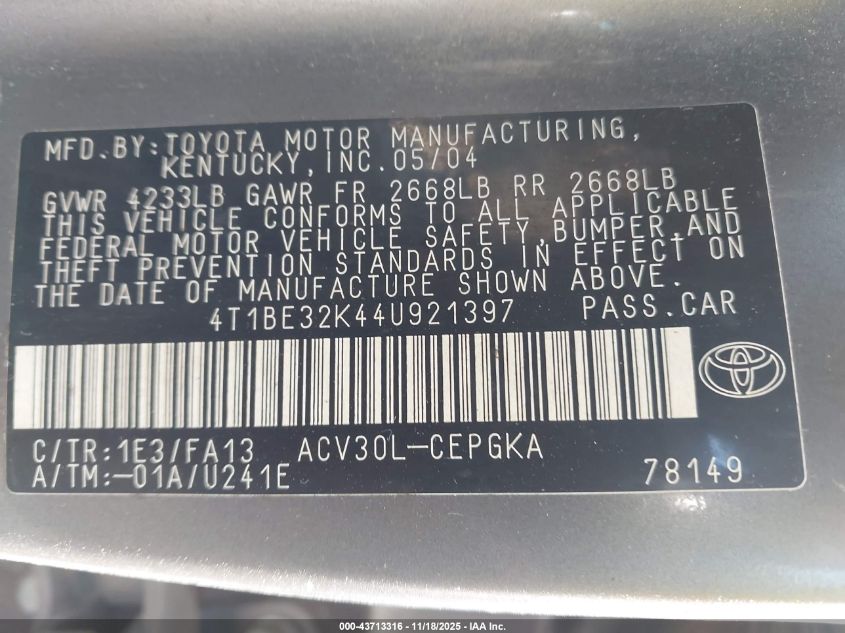 2004 Toyota Camry Xle VIN: 4T1BE32K44U921397 Lot: 43713316