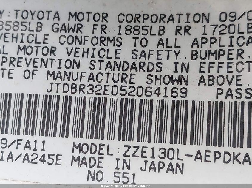 2005 Toyota Corolla Ce VIN: JTDBR32E052064169 Lot: 43713328