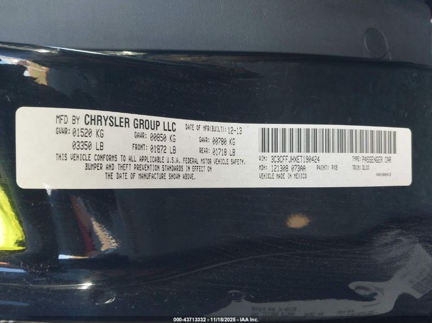 2014 Fiat 500C Abarth VIN: 3C3CFFJHXET190424 Lot: 43713332