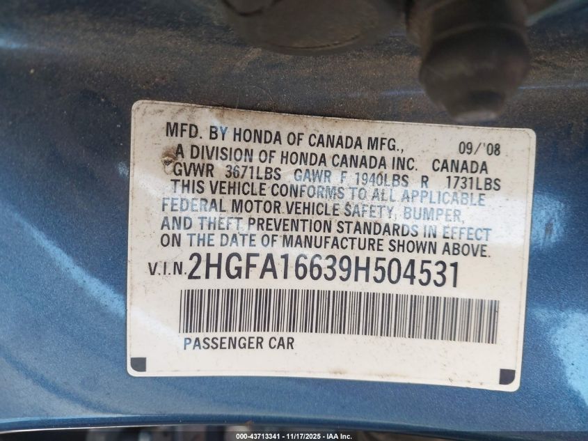 2009 Honda Civic Lx-S VIN: 2HGFA16639H504531 Lot: 43713341