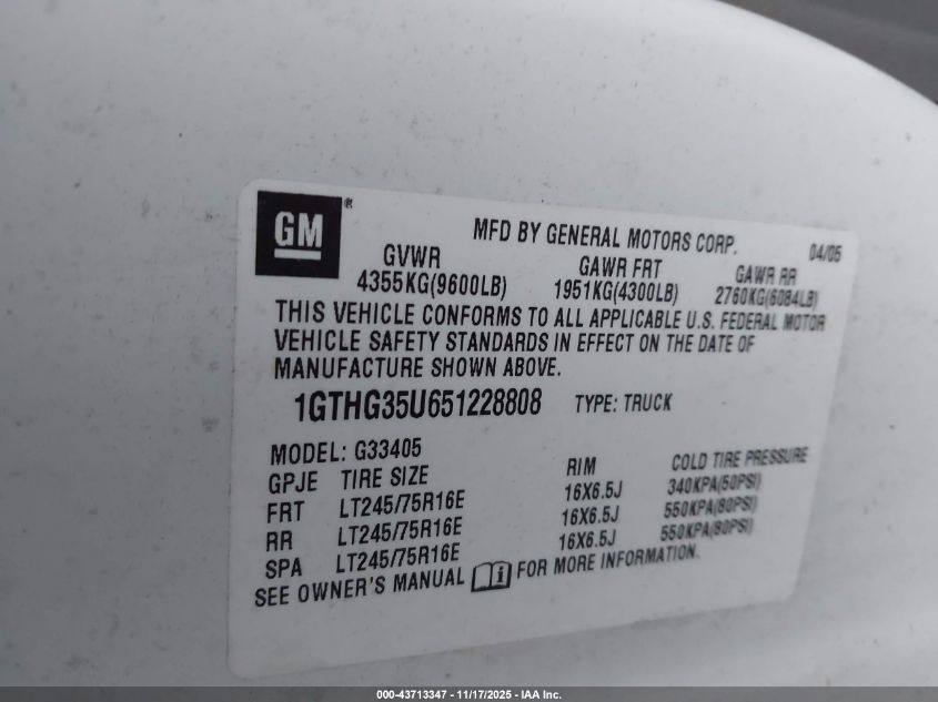2005 GMC Savana Standard VIN: 1GTHG35U651228808 Lot: 43713347
