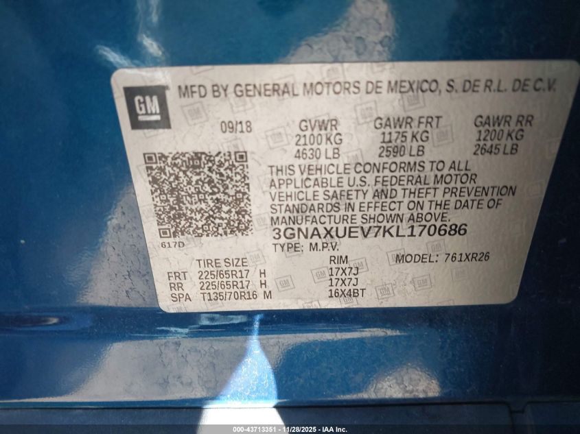 2019 Chevrolet Equinox Lt VIN: 3GNAXUEV7KL170686 Lot: 43713351