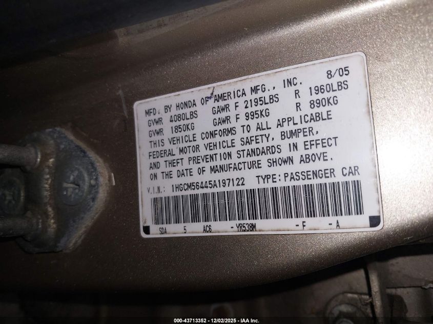 2005 Honda Accord 2.4 Lx VIN: 1HGCM56445A197122 Lot: 43713352
