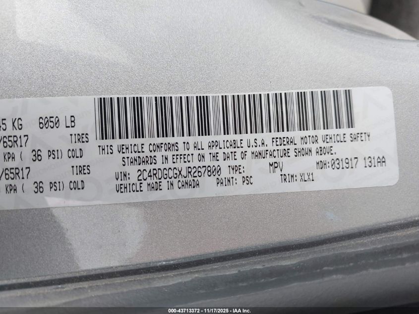 2018 Dodge Grand Caravan Sxt VIN: 2C4RDGCGXJR267800 Lot: 43713372