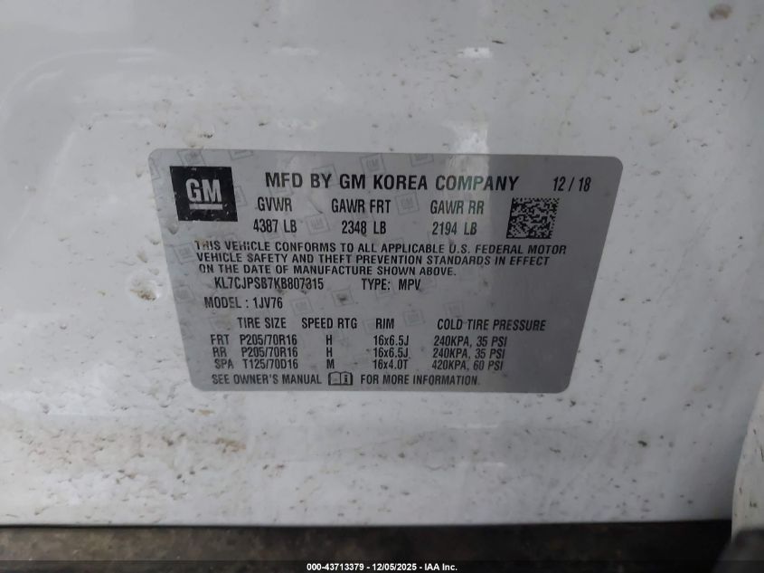 2019 Chevrolet Trax Lt VIN: KL7CJPSB7KB807315 Lot: 43713379