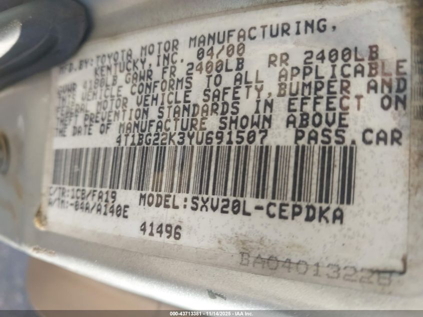 2000 Toyota Camry Ce VIN: 4T1BG22K3YU691507 Lot: 43713381