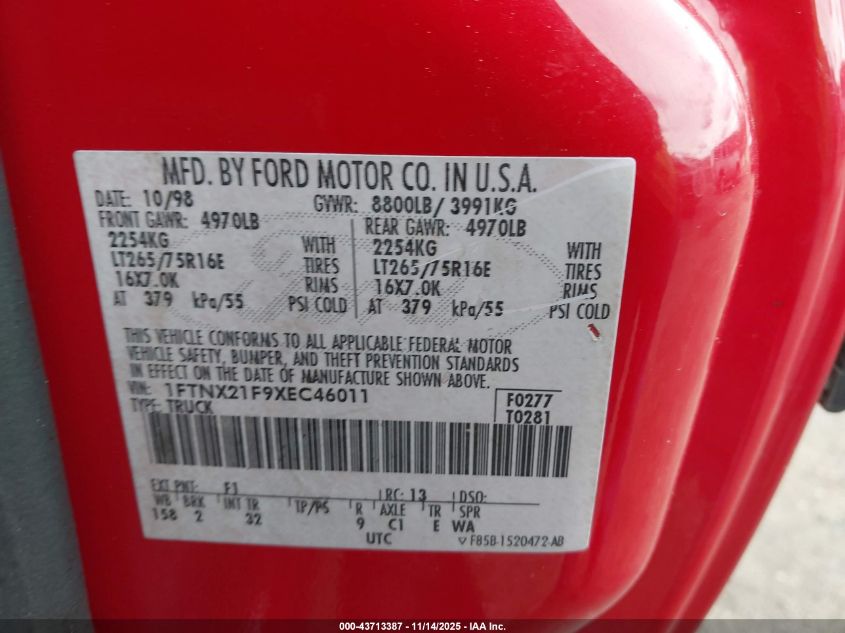 1999 Ford F-250 Lariat/Xl/Xlt VIN: 1FTNX21F9XEC46011 Lot: 43713387