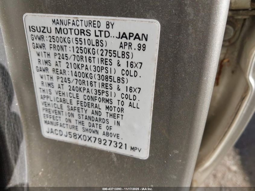 1999 Isuzu Trooper S VIN: JACDJ58X0X7927321 Lot: 43713393