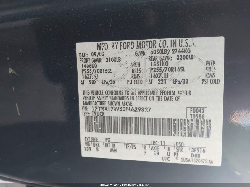 2003 Ford F-150 Lariat/Xl/Xlt VIN: 1FTRX17W53NA29827 Lot: 43713415