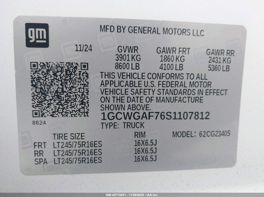 2025 Chevrolet Express Cargo Rwd 2500 Regular Wheelbase Wt VIN: 1GCWGAF76S1107812 Lot: 43713431