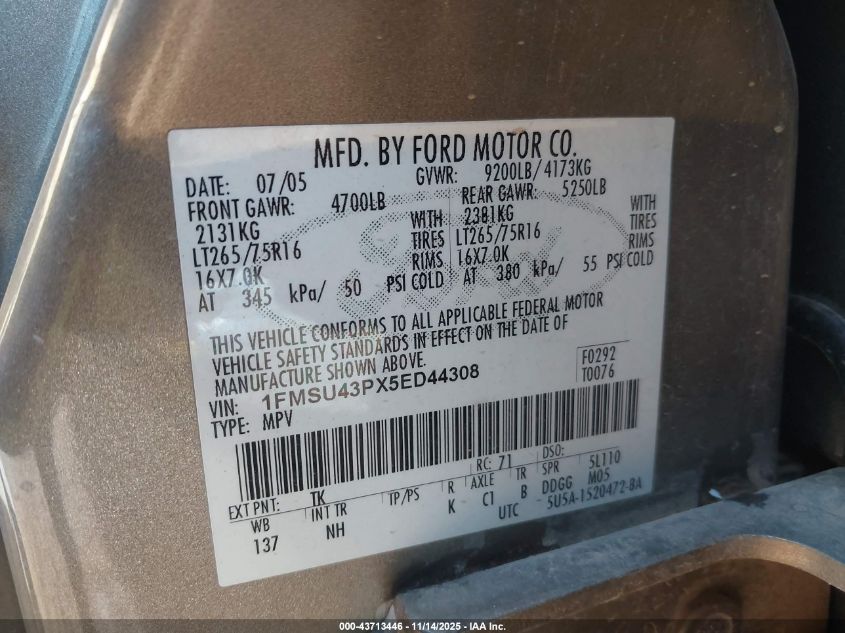 2005 Ford Excursion Limited VIN: 1FMSU43PX5ED44308 Lot: 43713446