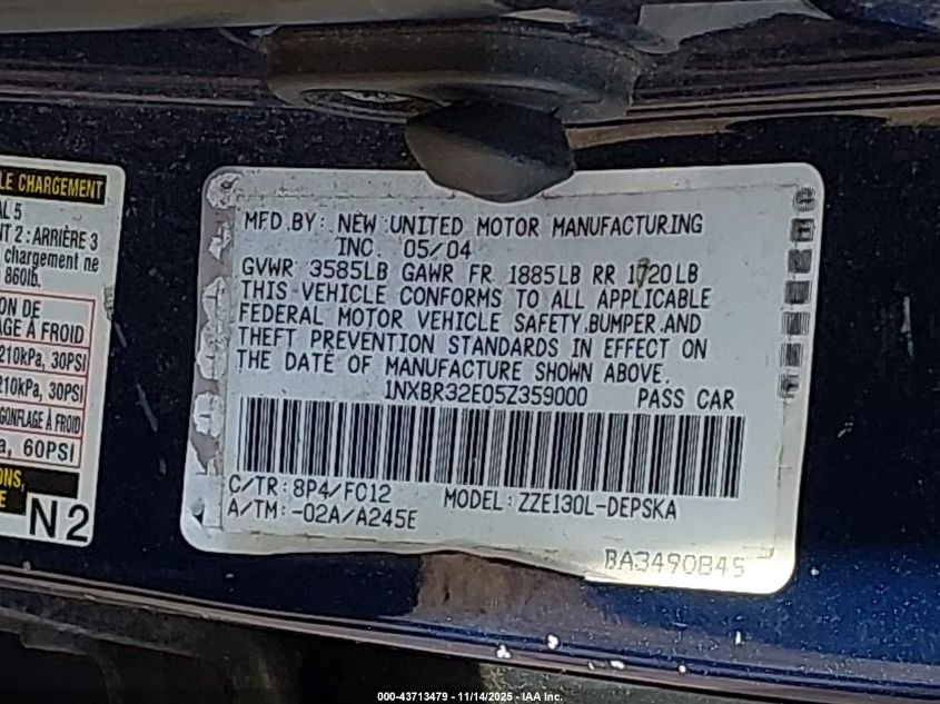 2005 Toyota Corolla S VIN: 1NXBR32E05Z359000 Lot: 43713479