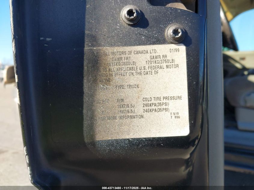 1999 GMC Sierra 1500 Sle VIN: 2GTEC19TXX1521287 Lot: 43713480