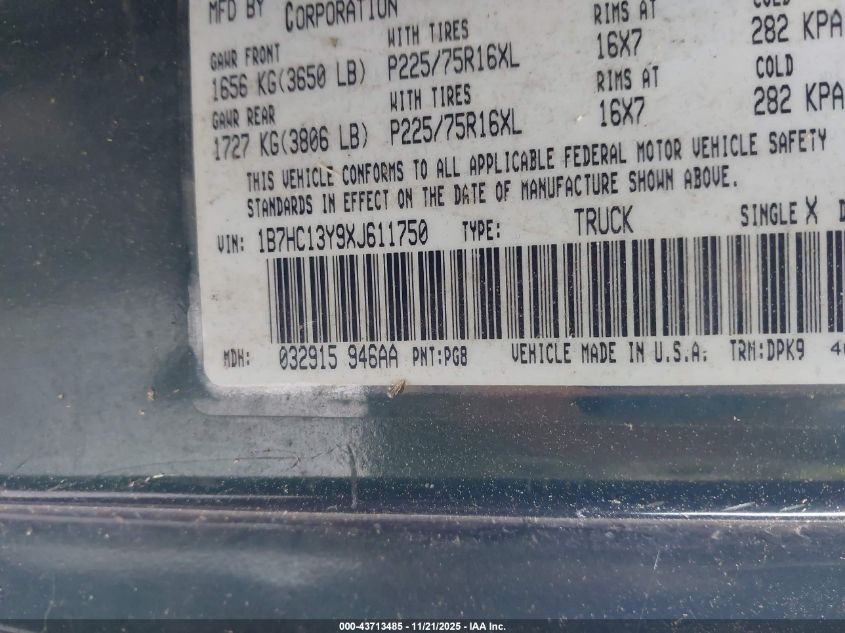 1999 Dodge Ram 1500 St VIN: 1B7HC13Y9XJ611750 Lot: 43713485