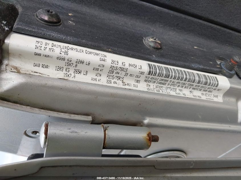 2006 Jeep Wrangler Se VIN: 1J4FA29116P754338 Lot: 43713486