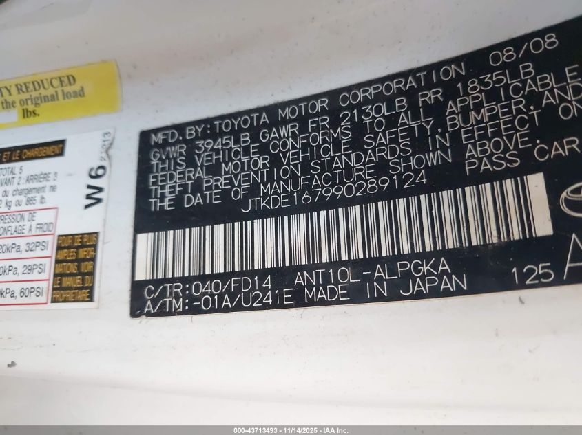 2009 Scion Tc VIN: JTKDE167990289124 Lot: 43713493