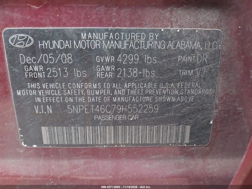 2009 Hyundai Sonata Gls VIN: 5NPET46C79H552259 Lot: 43713500