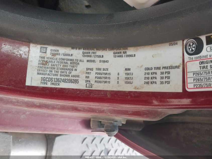 2004 Chevrolet Colorado Ls VIN: 1GCDS136248206395 Lot: 43713504