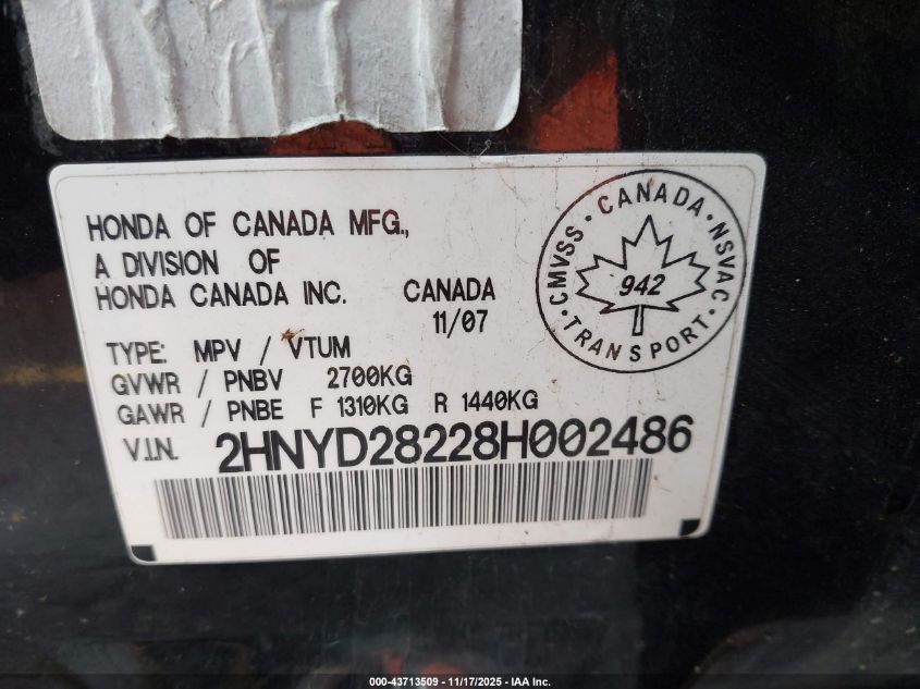 2008 Acura Mdx VIN: 2HNYD28228H002486 Lot: 43713509