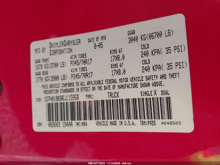 2006 Dodge Ram 1500 St VIN: 1D7HA18K86J115966 Lot: 43713510