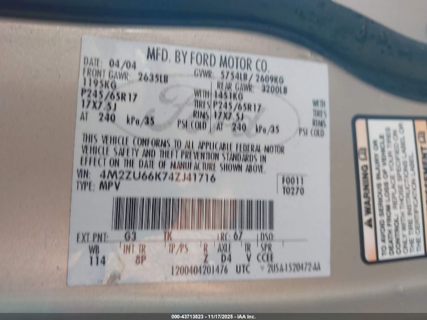 2004 Mercury Mountaineer VIN: 4M2ZU66K74ZJ41716 Lot: 43713523