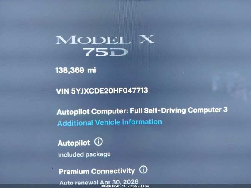 2017 Tesla Model X 100D/75D/90D VIN: 5YJXCDE20HF047713 Lot: 43713542