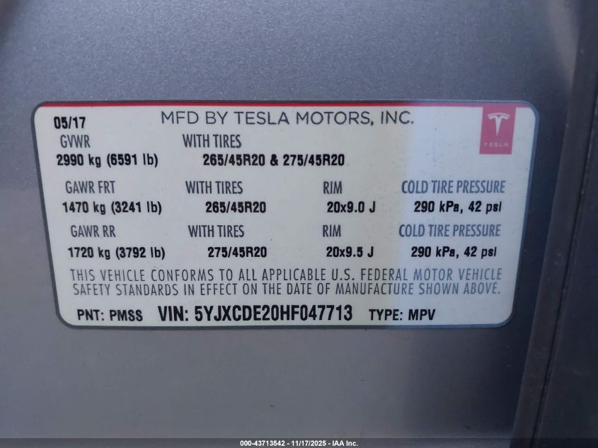 2017 Tesla Model X 100D/75D/90D VIN: 5YJXCDE20HF047713 Lot: 43713542
